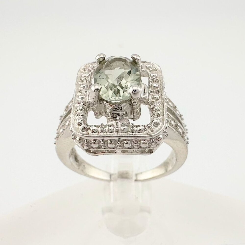 Beautiful Natural Light Green Amethyst Ring with small Diamond - Sterling Silver